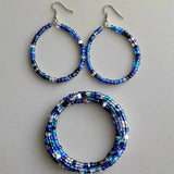 multi blues seed bead bracelet and matching earrings