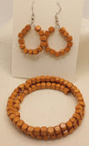 brown square wood bead wire wrap bracelet and matching hoop earrings side view