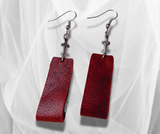 Deep Red Leather Bar Earrings with Silver Cross – Elegant, Lightweight & Stylish