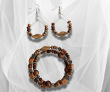 Handcrafted Earth Tone Jewelry Set: Elegant Beaded Bracelet & Earrings with Silver Rosette Accents