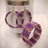 Purple Bead Wire Wrap Bracelet & Hoop Earrings Set - Hearts Delight for Your Collection!