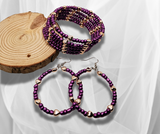 Purple Bead Wire Wrap Bracelet & Hoop Earrings Set - Hearts Delight for Your Collection!