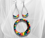 Rainbow Wood Beads Wire Wrap Bracelet & Earrings Set: Natural Style with Vibrant Colors