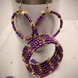 Purple Bead Wire Wrap Bracelet & Hoop Earrings Set - Starry Delight for Your Collection!