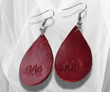 Deep Red Teardrop Leather Earrings with Pine Stamps – Boho, Lightweight & Stylish